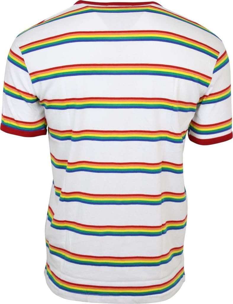 Mens Run & Fly White Ringer Retro Indie Rainbow Striped T-Shirt 60s 70s 80s